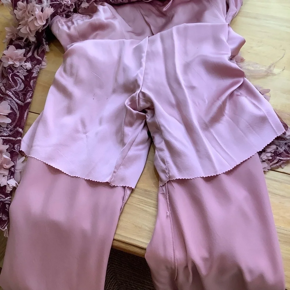 LOVEMATTERS Matthew Donnelly Pink Silk Floral Appliqué Jumpsuit Small 6 Mesh - Picture 14 of 16
